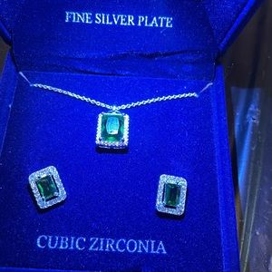 Fine silver plate cubic Zirconia emerald set